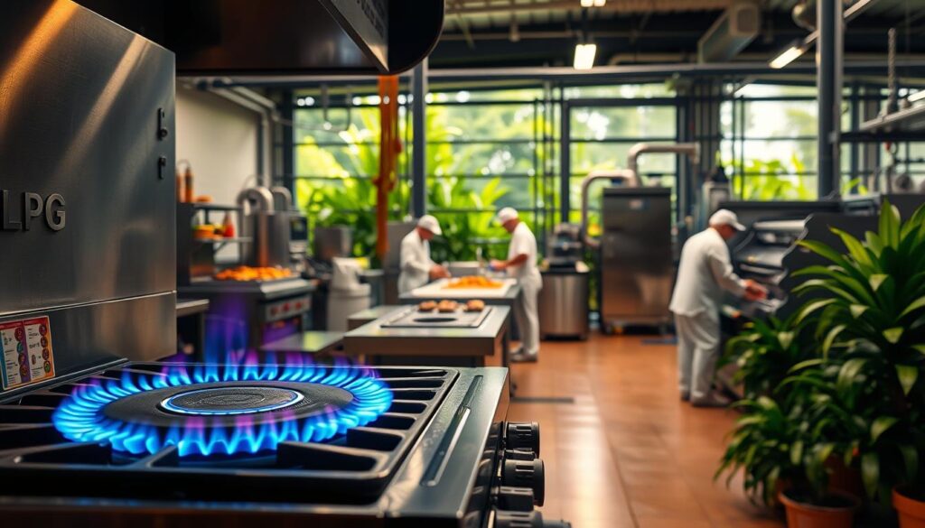 A high-resolution, beautifully lit photograph of a sustainable industrial food production facility, showcasing the use of LPG gas. In the foreground, a modern, stainless steel cooking appliance with blue flames, symbolizing the clean and efficient burning of LPG. In the middle ground, workers in white uniforms tending to various food preparation stations, highlighting the safe and controlled environment. In the background, sleek, energy-efficient machinery and equipment, surrounded by lush, verdant vegetation, emphasizing the facility's commitment to environmental responsibility. The scene conveys a sense of harmony between industrial progress and ecological preservation, with warm, natural lighting accentuating the overall atmosphere of sustainability.