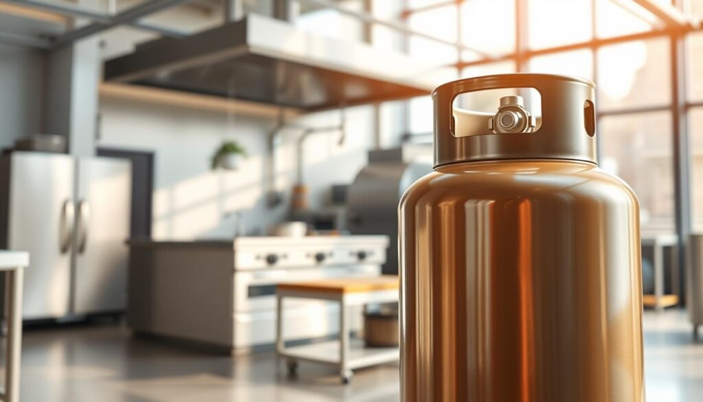 A well-lit, meticulously detailed image of a liquefied petroleum gas (LPG) cylinder in the foreground, showcasing its sleek, shiny surface and prominent branding. In the middle ground, a modern industrial kitchen with stainless steel appliances and equipment, subtly highlighting the use of LPG in the food production process. The background depicts a clean, minimalist interior with large windows, allowing natural light to flood the scene and create a warm, inviting atmosphere. The overall composition conveys the efficiency, reliability, and safety of LPG in the food industry, complementing the article's focus on the benefits of LPG in the production of food.