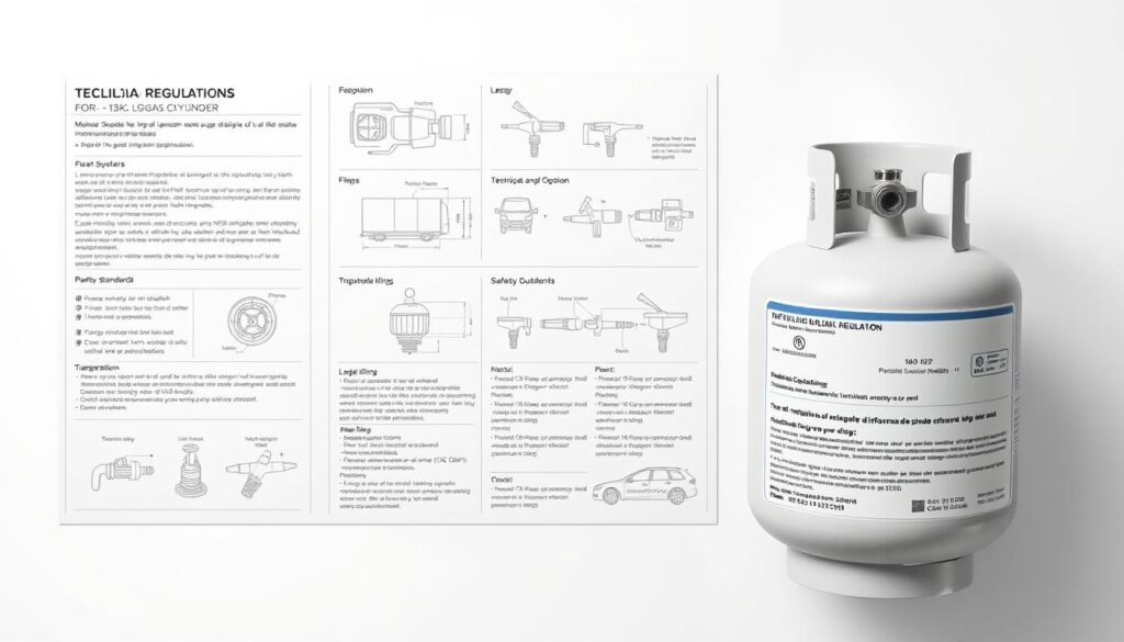 A meticulously detailed technical diagram of Brazilian regulations for a 13 kg LPG gas cylinder, presented in a clean, minimalist style. The cylinder is shown in the foreground, with the technical specifications and safety standards clearly visible. The middle ground features diagrams and schematics outlining the legal requirements for cylinder construction, valve fittings, and transportation guidelines. The background is a plain white backdrop, allowing the technical information to be the sole focus. Crisp lighting from an overhead perspective casts subtle shadows, emphasizing the cylindrical form and precise engineering details. The overall impression is one of authority, professionalism, and adherence to regulatory compliance.
